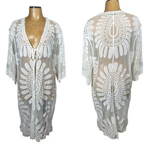 Boho embroidered XL White Lace Sheer Kimono Cardigan Coverup Festival